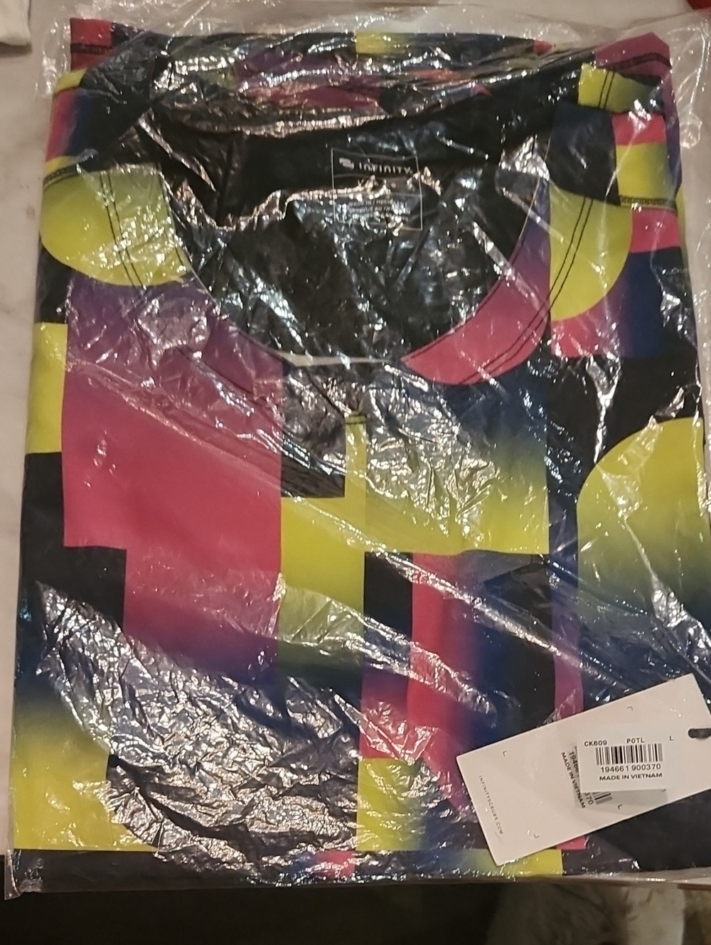 NFINITY Neon Geometric Short Sleeve Scrub Top in Yellow, Pink & Blue